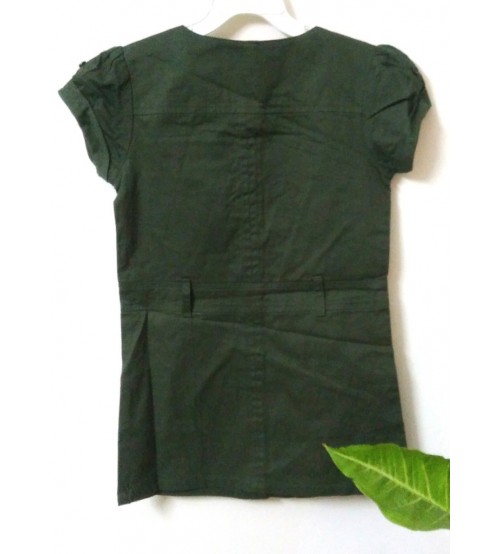 Half  Sleeve Cotton Plain Midi Dress, Knee Length, Girl Kids, Children Wear, Color: Olive Green, 100% Cotton